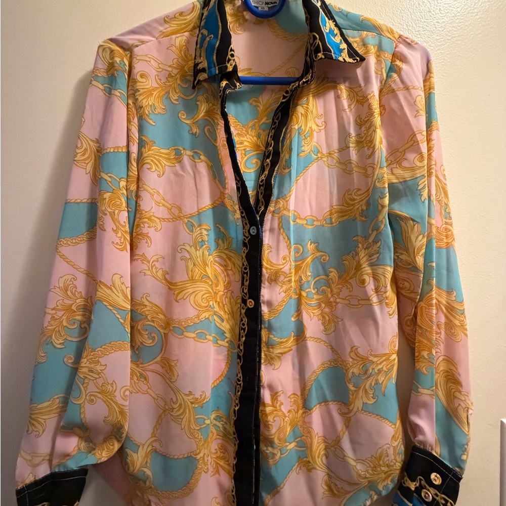 Fashion Nova Baroque Print Shirt in Pink and Gold